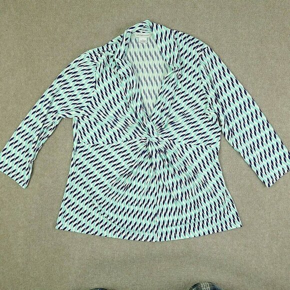 Liz Claiborne Womens Large Polyester Blend Blue Graphic Print Ruched Neck Blouse - Picture 1 of 6